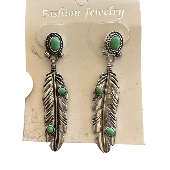 Silver Feather Drop Style Earrings with Turquoise Accents - Picture 2 of 4